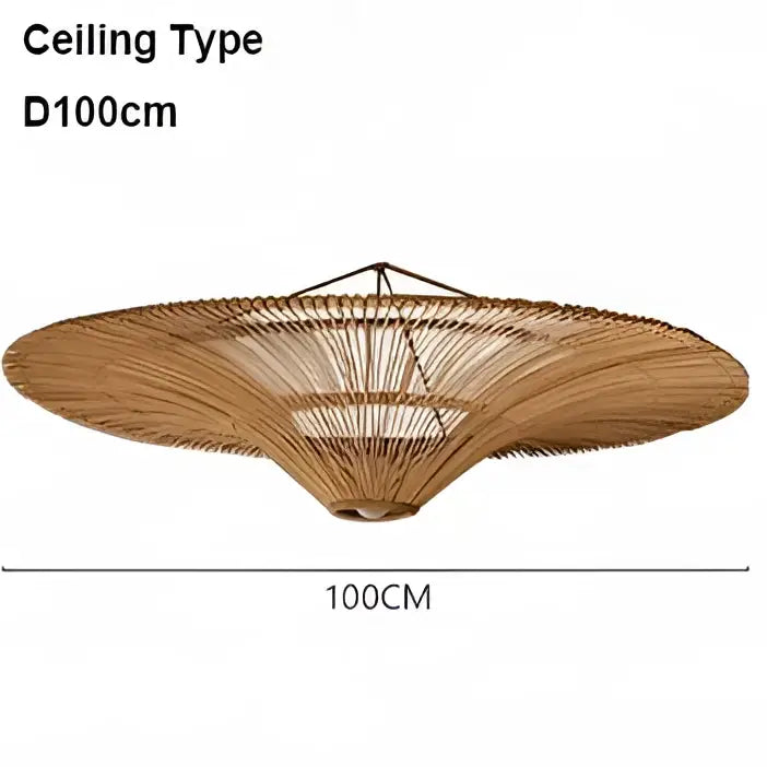 A large beige fan woven rattan pendant light with natural bamboo texture by Decorbites handmade for dining room decor
