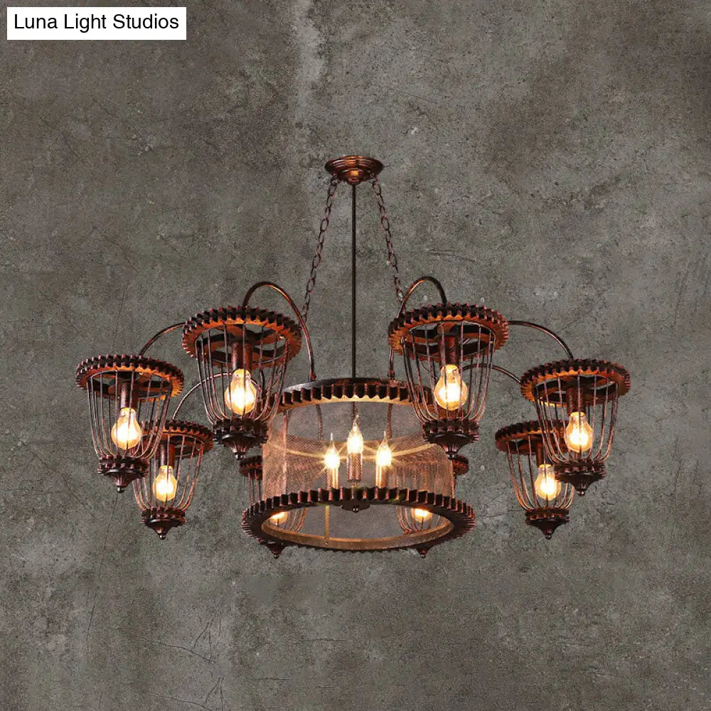 Large Cage Chandelier: Industrial Style Pendant Light Fixture in Wrought Iron with Rust Finish