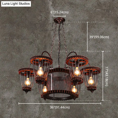 Large Cage Chandelier: Industrial Style Pendant Light Fixture in Wrought Iron with Rust Finish