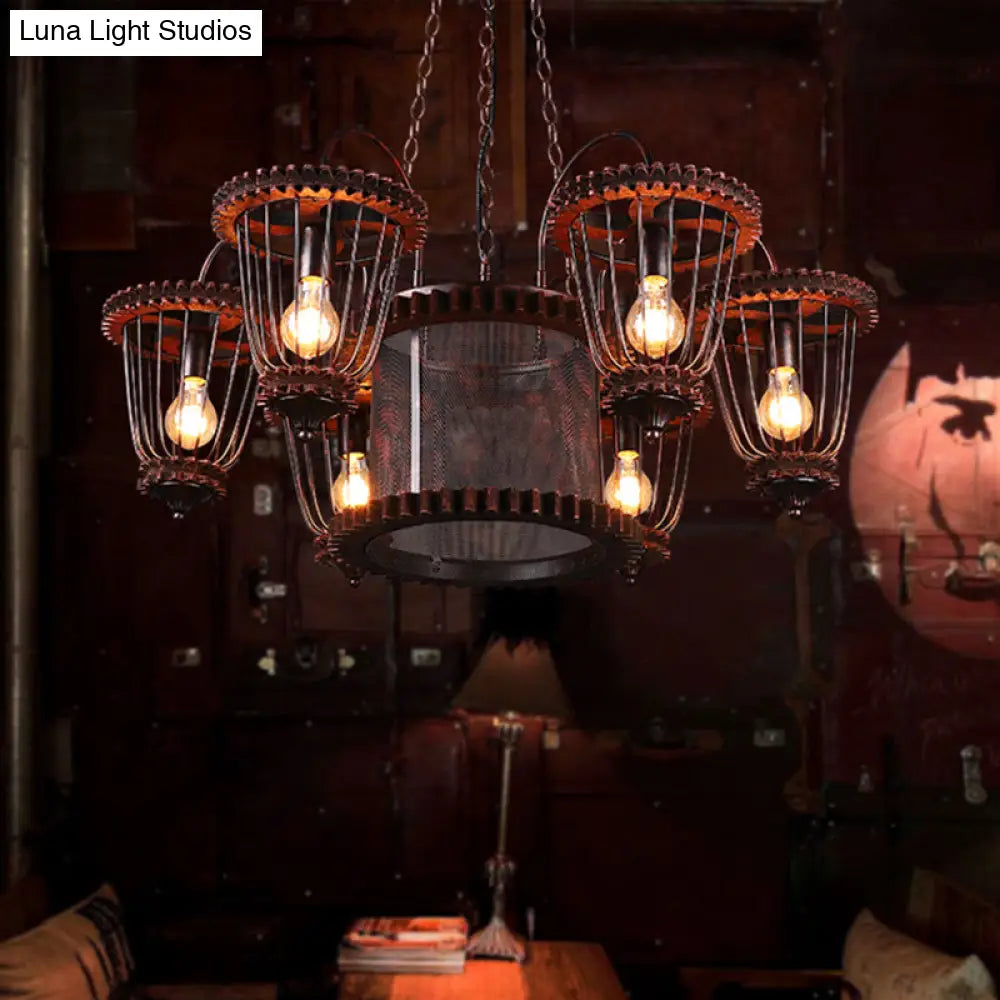 Large Cage Chandelier: Industrial Style Pendant Light Fixture in Wrought Iron with Rust Finish