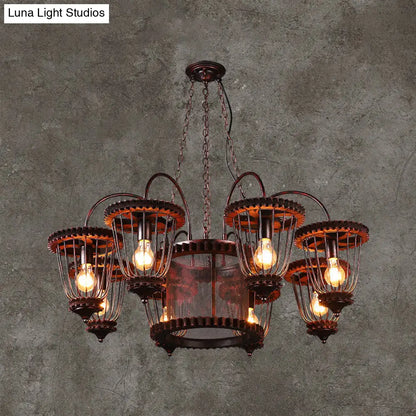 Large Cage Chandelier: Industrial Style Pendant Light Fixture in Wrought Iron with Rust Finish