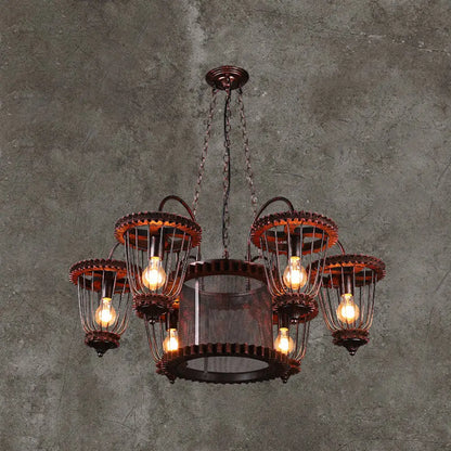 Large Cage Chandelier: Industrial Style Pendant Light Fixture in Wrought Iron with Rust Finish