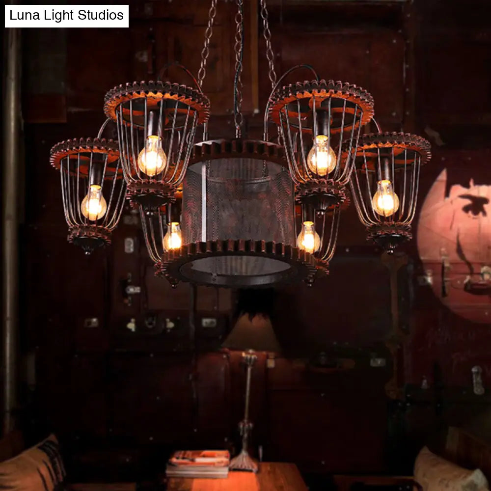 Large Cage Chandelier: Industrial Style Pendant Light Fixture in Wrought Iron with Rust Finish