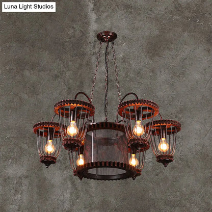 Large Cage Chandelier: Industrial Style Pendant Light Fixture in Wrought Iron with Rust Finish