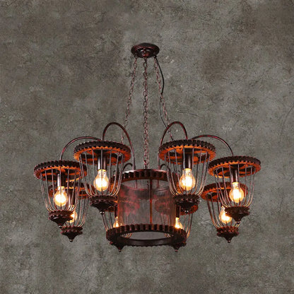 Large Cage Chandelier: Industrial Style Pendant Light Fixture in Wrought Iron with Rust Finish