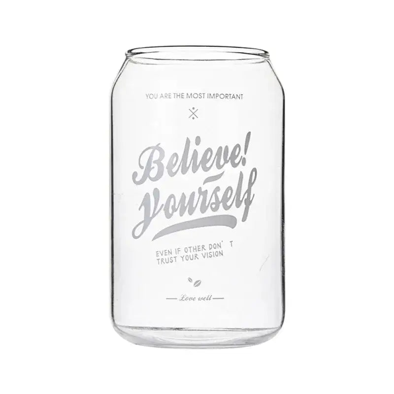 Large clear glass can shape beer glass cup with silver etched believe yourself text and metal straw for dining room