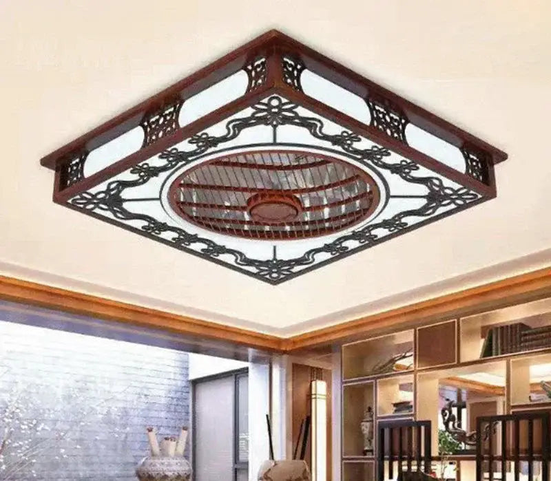 Square ceiling fan lamp with intricate dark wood and black metal lattice design and central circular fan blade assembly
