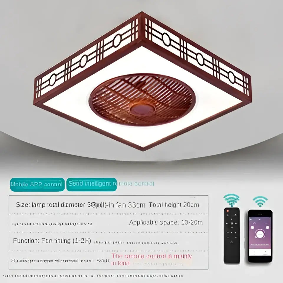 Square ceiling fan lamp chandelier with dark brown wooden lattice frame, integrated LED light, and copper fan motor