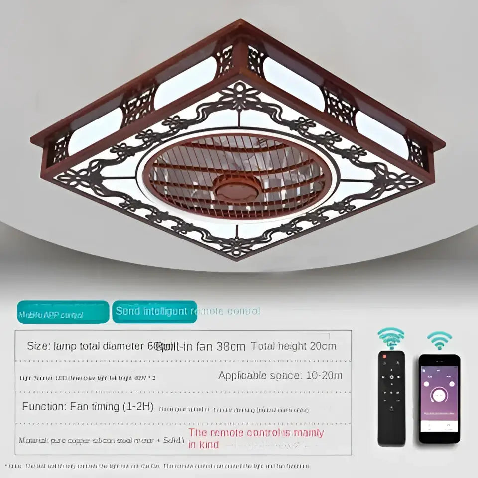 Square ceiling fan lamp with dark wood frame, black metal latticework, and integrated led lighting for living room chandelier