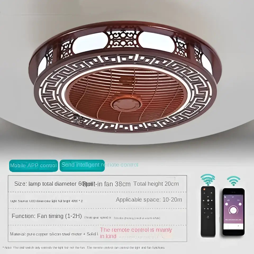 Lattice wood and black metal ceiling fan lamp chandelier with ornate brown copper frame and three circular led light panels