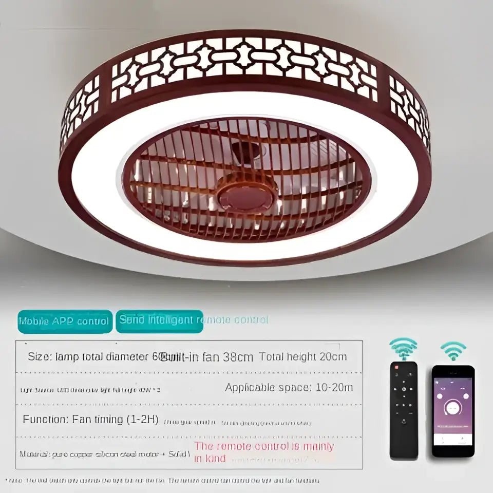 Modern lattice wood and black metal ceiling fan lamp chandelier with ornate dark brown frame and integrated white led light ring