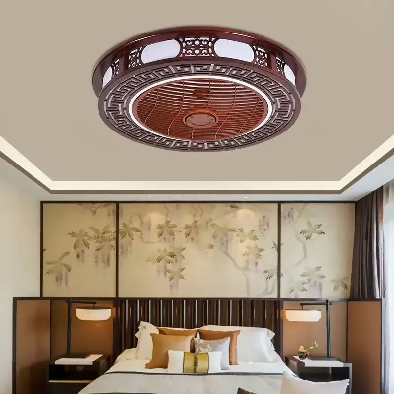 Circular ceiling fan lamp chandelier with dark wood lattice design and integrated led lighting for living room use