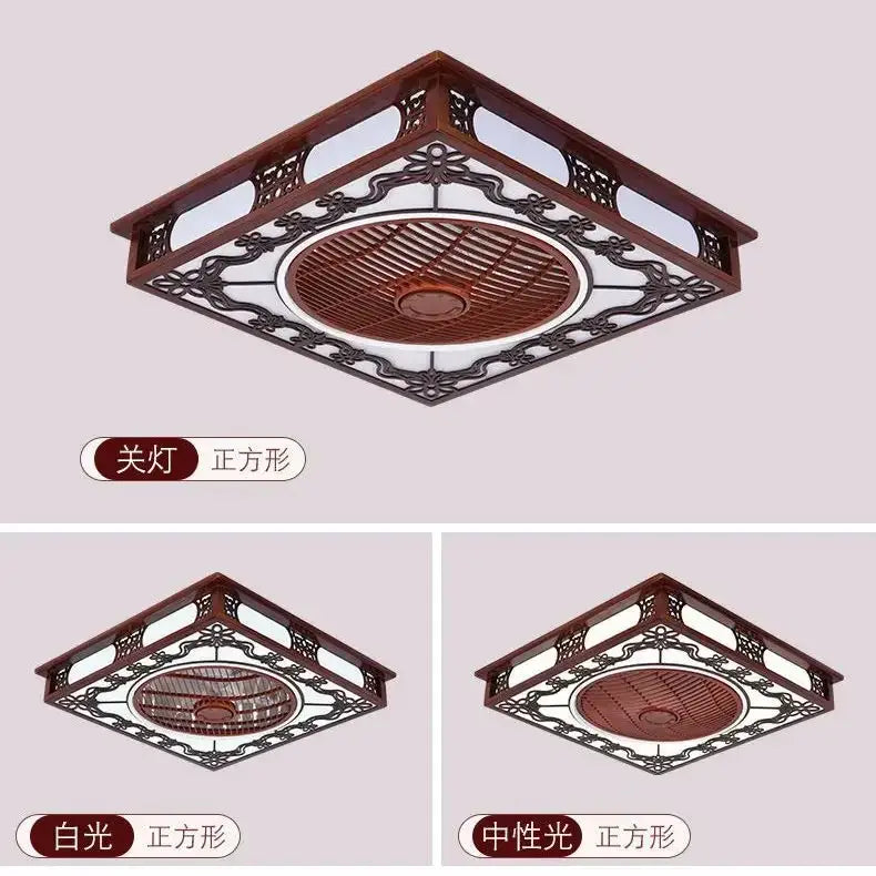 Square ceiling fan lamp with dark brown wooden frame and ornate black metal lattice design for living room chandelier