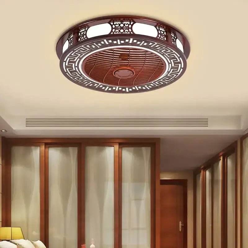 Round ceiling fan lamp chandelier with intricate dark wood lattice design and black metal for living room use