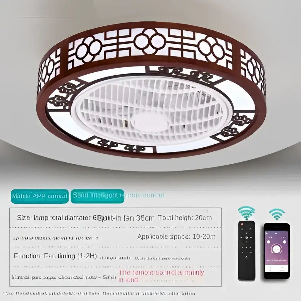 Brown wood and black metal ceiling fan lamp with integrated led lighting and traditional Chinese lattice design chandelier