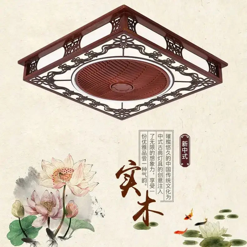 Square ceiling fan lamp with intricate dark wood lattice and reddish-brown blades in black metal chandelier design