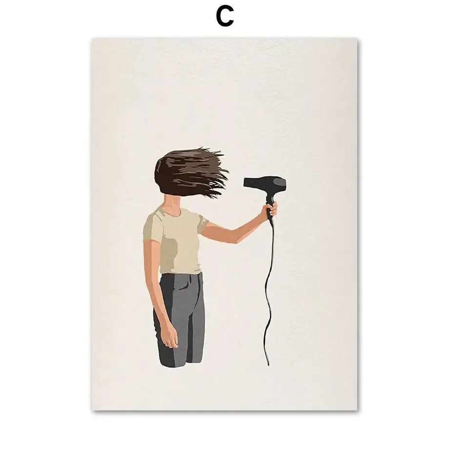Black hairdryer with sleek modern design and coiled cord featured alongside DecorBites™ laundry girl wall art canvas painting