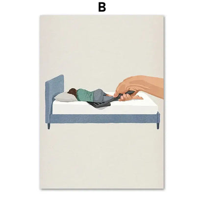 Illustration of a hand holding a black remote over a bed with laundry girl nordic wall art canvas painting by DecorBites