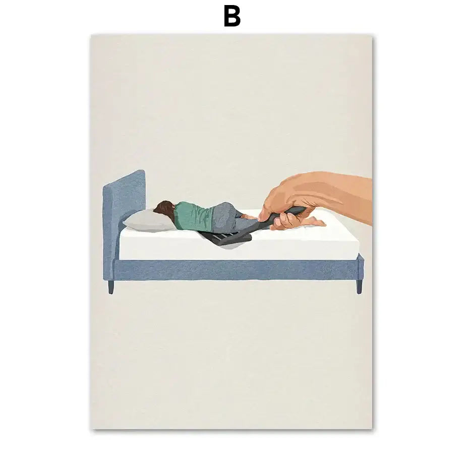 Illustration of a hand holding a black remote over a bed with laundry girl nordic wall art canvas painting by DecorBites