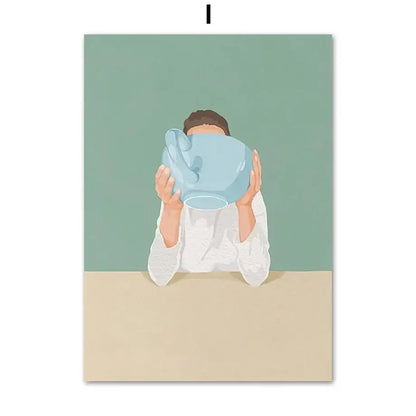 A light blue ceramic pitcher with a smooth rounded body and curved handle featured in decorbites laundry girl wall art print