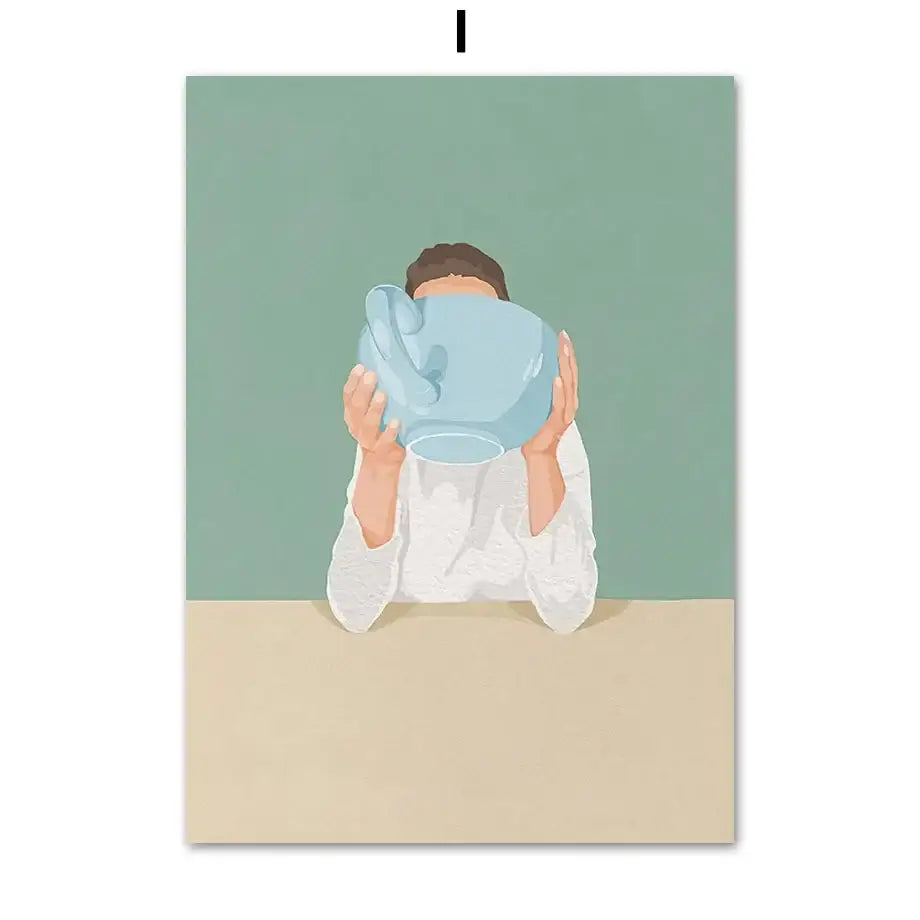 A light blue ceramic pitcher with a smooth rounded body and curved handle featured in decorbites laundry girl wall art print