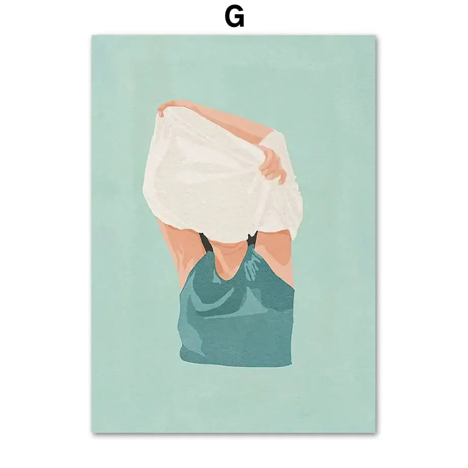 Decorbites™ laundry girl minimalist canvas painting featuring a person in teal tank top with white cloth wall art