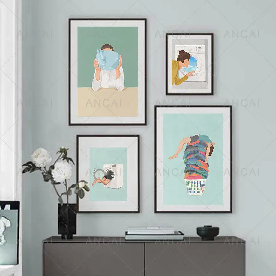 Set of four DecorBites laundry girl wall art prints in black frames with colorful canvas painting on mint backgrounds