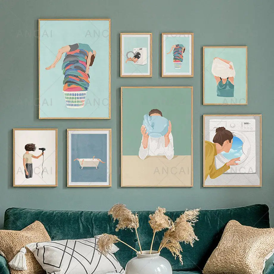 Set of seven framed laundry girl wall art prints by decorbites with pastel backgrounds in light wood frames