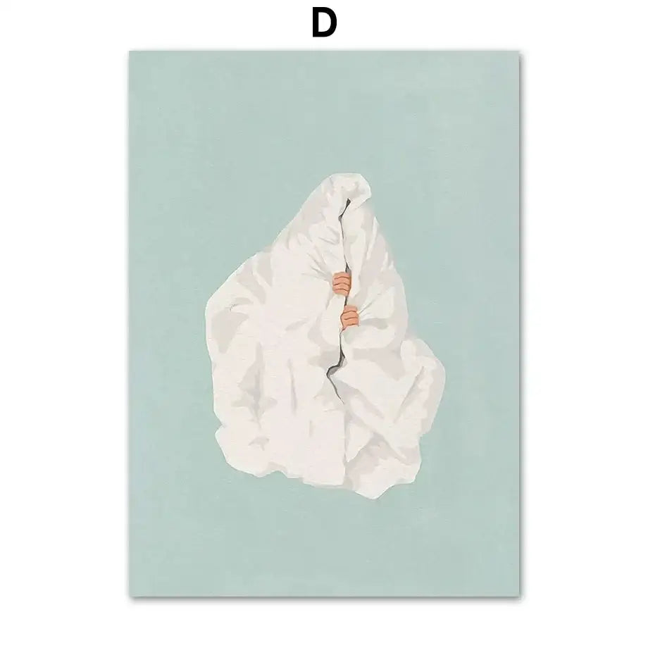 Decorbites laundry girl nordic wall art canvas painting features an off-white textured blanket held by two small hands