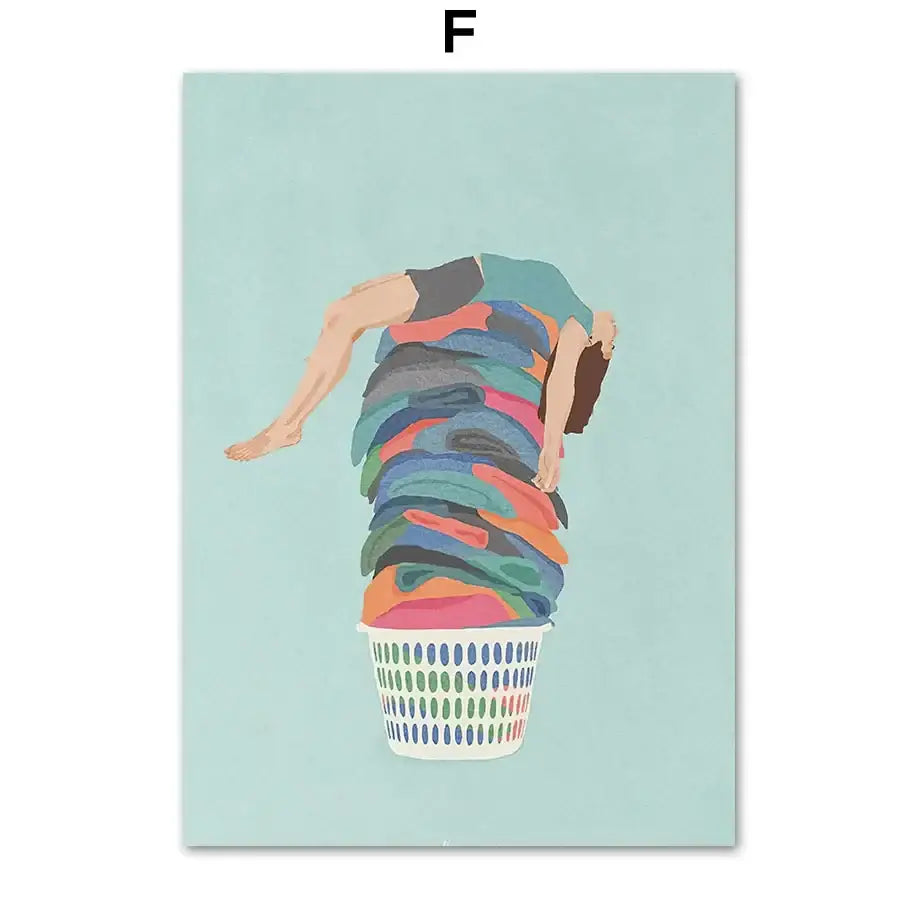 A decorbites™ laundry girl wall art print featuring a stylized canvas painting of a person in a colorful laundry basket