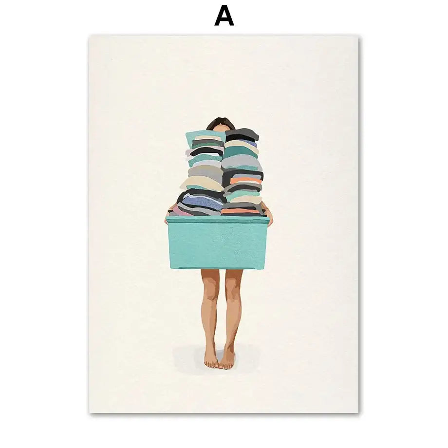 DecorBites™ laundry girl wall art canvas painting featuring a turquoise bin overflowing with colorful folded clothes