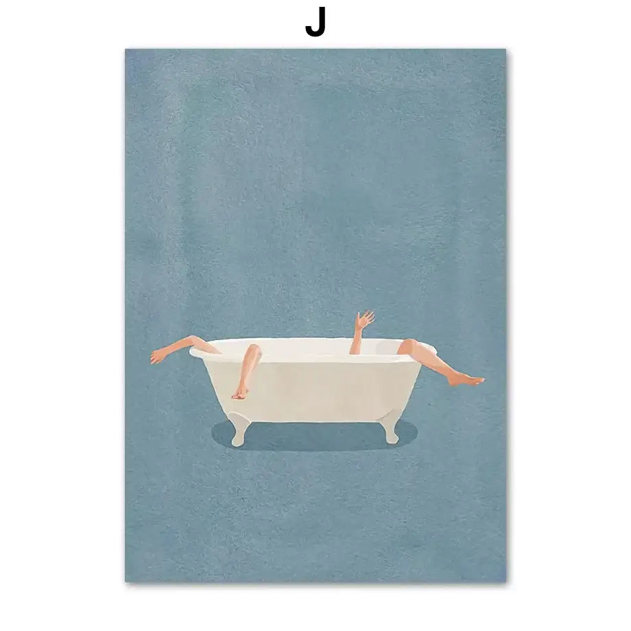 White clawfoot bathtub illustration on textured blue background in decorbites™ laundry girl nordic wall art canvas painting