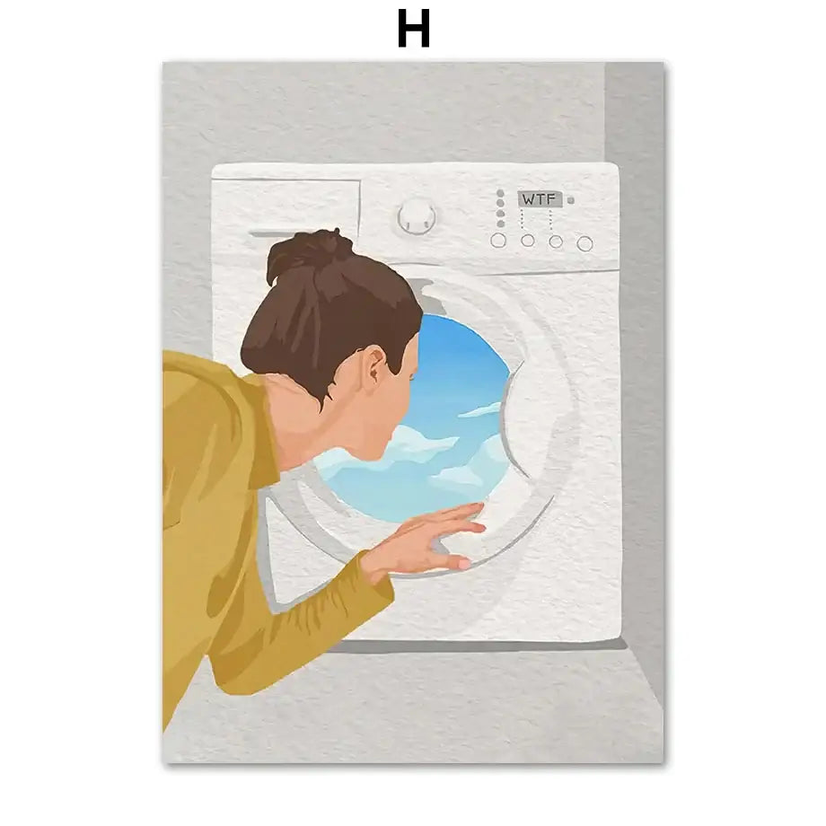 Decorbites laundry girl nordic wall art print featuring a white front-loading washing machine with digital display canvas painting