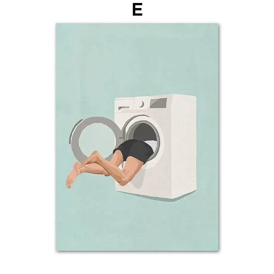 Decorbites laundry girl nordic wall art print featuring white front-loading washing machine canvas painting with legs