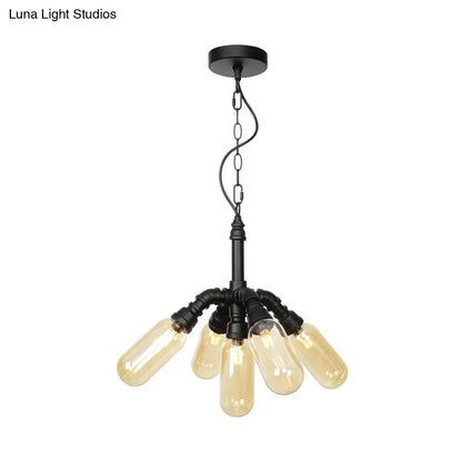 Laura - Antiqued 2/3/5 Heads Metal Hanging Light  Antiqued Black Finish Sputnik Pipe Bar Chandelier with Capsule Amber Glass Shade