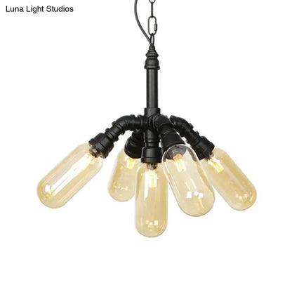 Laura - Antiqued 2/3/5 Heads Metal Hanging Light  Antiqued Black Finish Sputnik Pipe Bar Chandelier with Capsule Amber Glass Shade