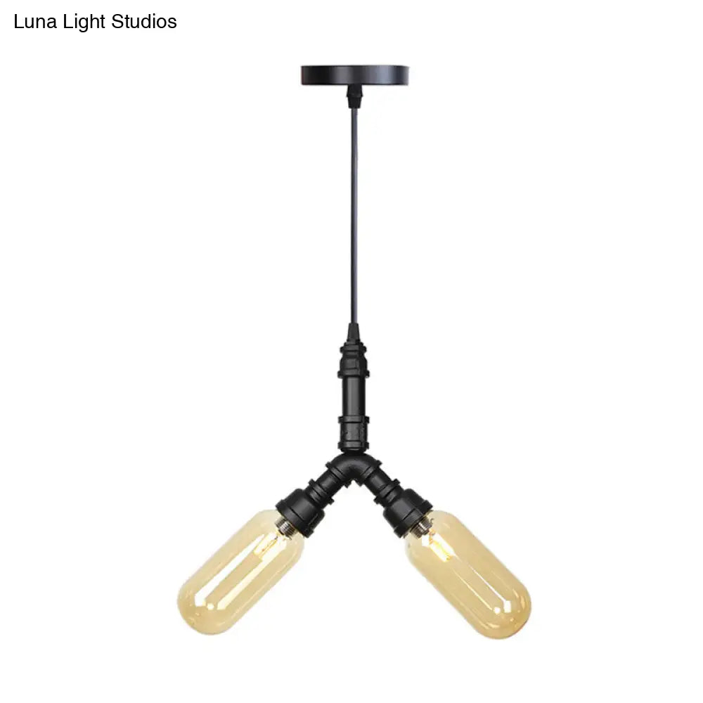 Laura - Antiqued 2/3/5 Heads Metal Hanging Light  Antiqued Black Finish Sputnik Pipe Bar Chandelier with Capsule Amber Glass Shade