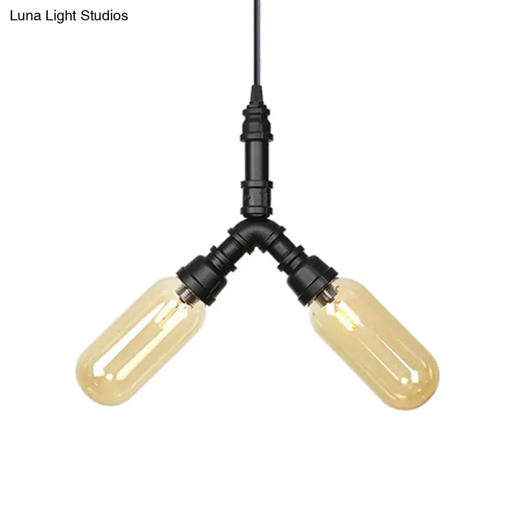 Laura - Antiqued 2/3/5 Heads Metal Hanging Light  Antiqued Black Finish Sputnik Pipe Bar Chandelier with Capsule Amber Glass Shade