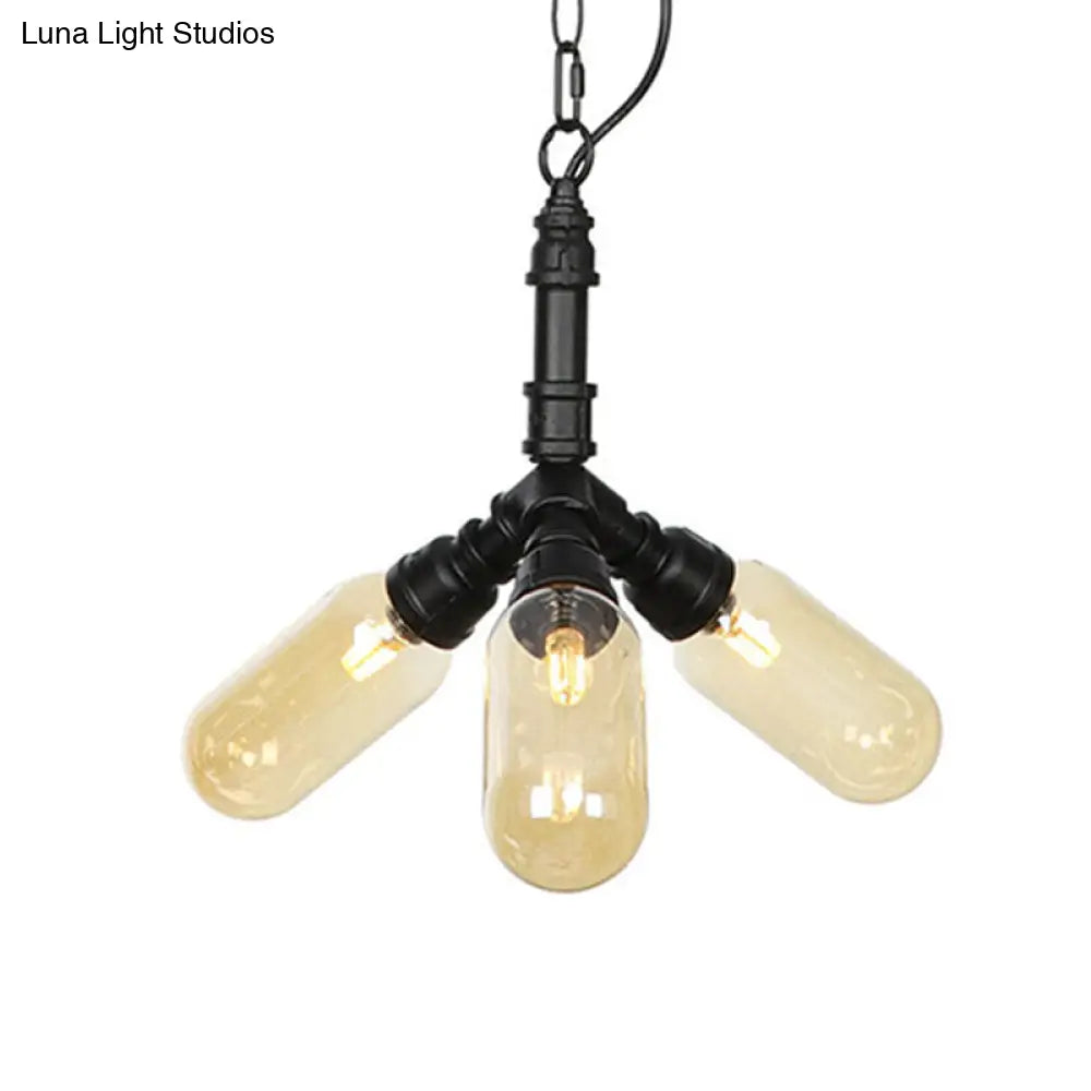 Laura - Antiqued 2/3/5 Heads Metal Hanging Light  Antiqued Black Finish Sputnik Pipe Bar Chandelier with Capsule Amber Glass Shade