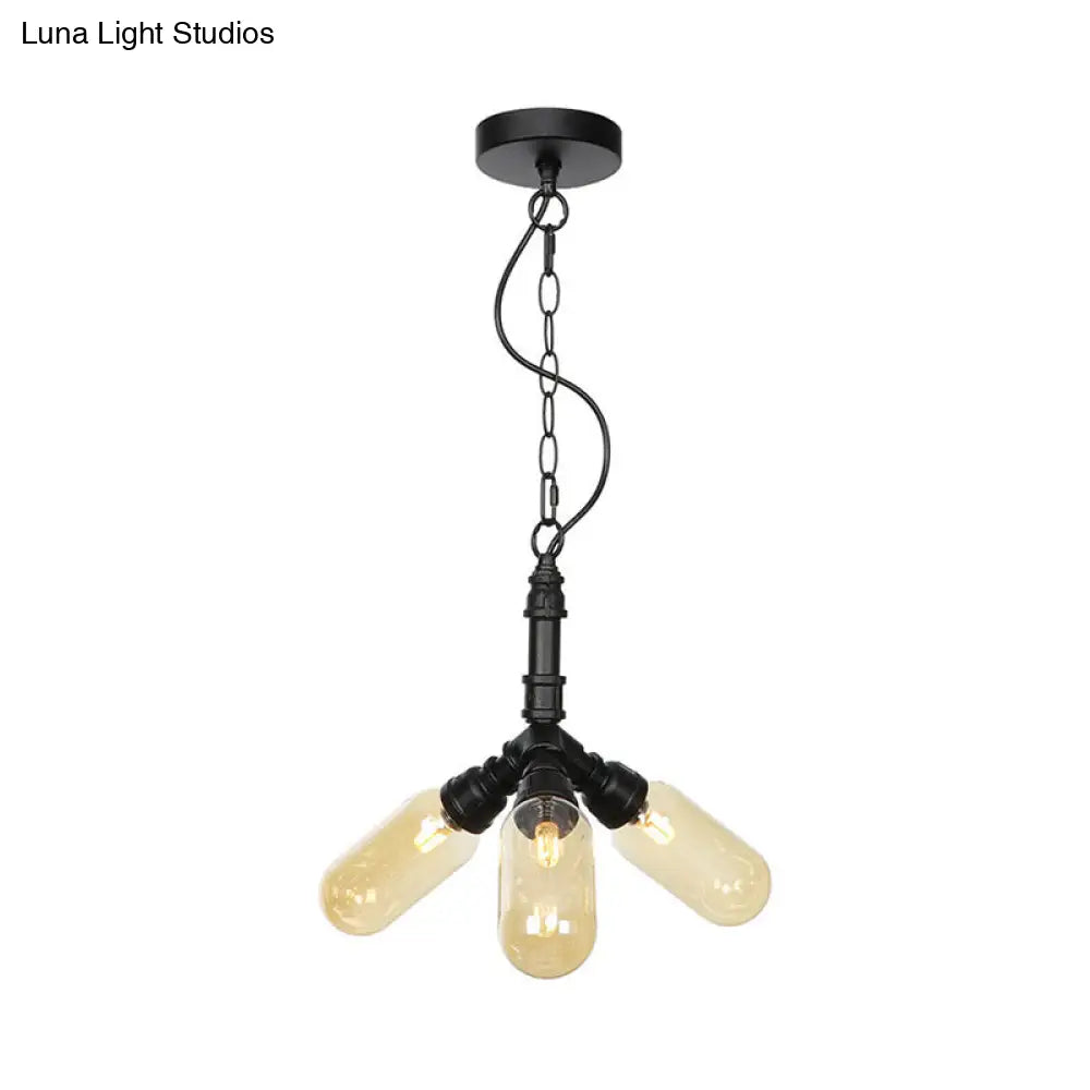 Laura - Antiqued 2/3/5 Heads Metal Hanging Light  Antiqued Black Finish Sputnik Pipe Bar Chandelier with Capsule Amber Glass Shade