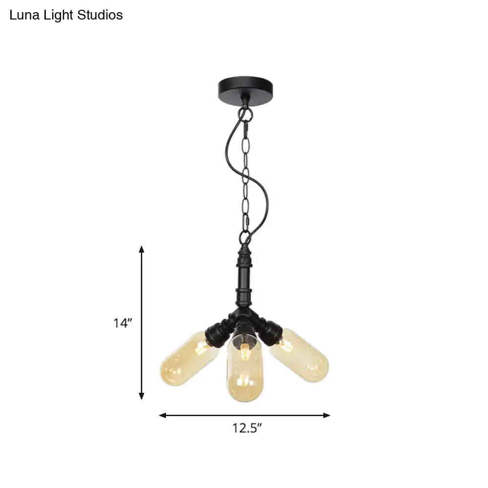 Laura - Antiqued 2/3/5 Heads Metal Hanging Light  Antiqued Black Finish Sputnik Pipe Bar Chandelier with Capsule Amber Glass Shade