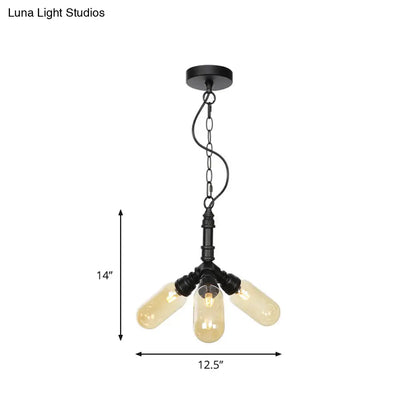 Laura - Antiqued 2/3/5 Heads Metal Hanging Light  Antiqued Black Finish Sputnik Pipe Bar Chandelier with Capsule Amber Glass Shade