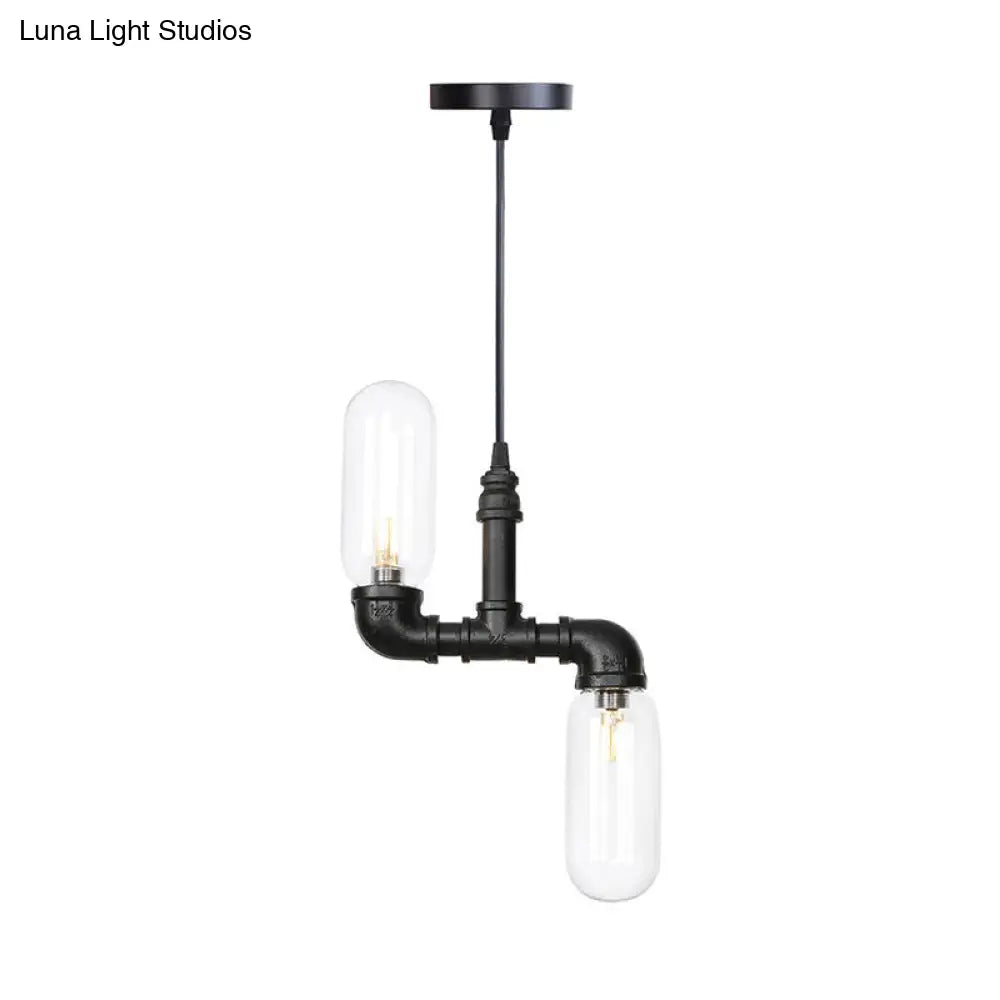 Laura - Black Clear Glass Capsule Shade Pendant Antiqued 2-Head Coffee Shop LED Ceiling Chandelier in Black with Pipe Design