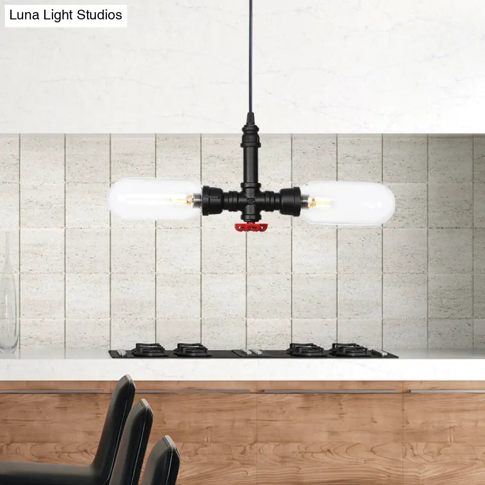 Laura - Black Clear Glass Capsule Shade Pendant Antiqued 2-Head Coffee Shop LED Ceiling Chandelier in Black with Pipe Design