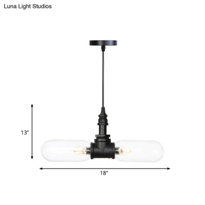 Laura - Black Clear Glass Capsule Shade Pendant Antiqued 2-Head Coffee Shop LED Ceiling Chandelier in Black with Pipe Design