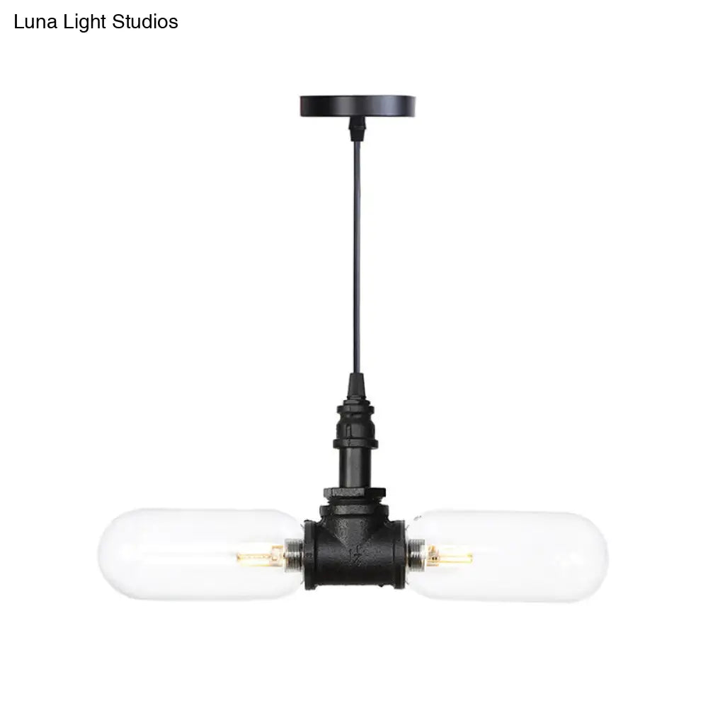 Laura - Black Clear Glass Capsule Shade Pendant Antiqued 2-Head Coffee Shop LED Ceiling Chandelier in Black with Pipe Design