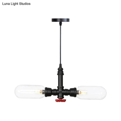 Laura - Black Clear Glass Capsule Shade Pendant Antiqued 2-Head Coffee Shop LED Ceiling Chandelier in Black with Pipe Design