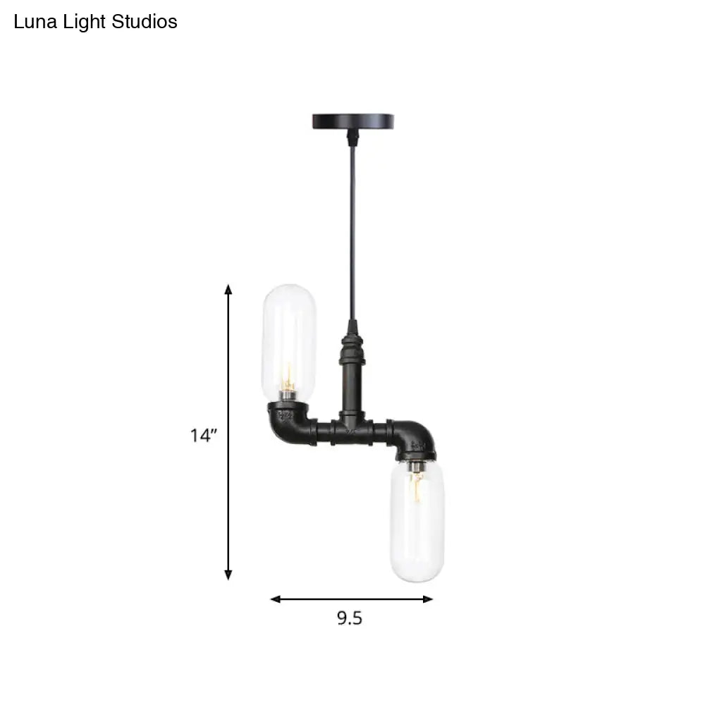 Laura - Black Clear Glass Capsule Shade Pendant Antiqued 2-Head Coffee Shop LED Ceiling Chandelier in Black with Pipe Design