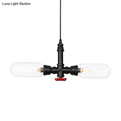 Laura - Black Clear Glass Capsule Shade Pendant Antiqued 2-Head Coffee Shop LED Ceiling Chandelier in Black with Pipe Design