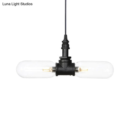 Laura - Black Clear Glass Capsule Shade Pendant Antiqued 2-Head Coffee Shop LED Ceiling Chandelier in Black with Pipe Design